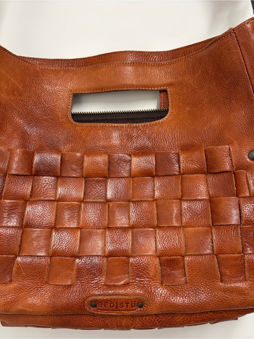 BED|STU Orchid Woven Leather Shoulder Crossbody Handbag in Cognac - Picture 15 of 15